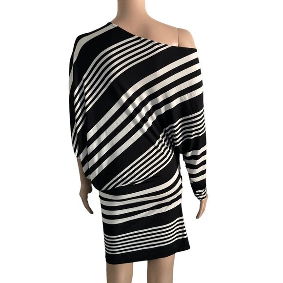 Voxx Dress Womens Small Black White Striped Bodycon Stretch Off Shoulder - Picture 2 of 12